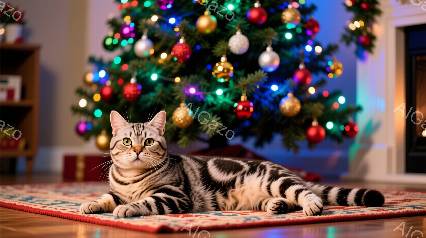 白と黒の縞模様の猫が、赤い敷物の上でリラックスして横たわっています。背景には、色とりどりのオーナメントで飾られたクリスマスツリーがあり、暖かく居心地の良い雰囲気を醸し出しています。ツリーの下にはプレゼ - AI生成フリー素材