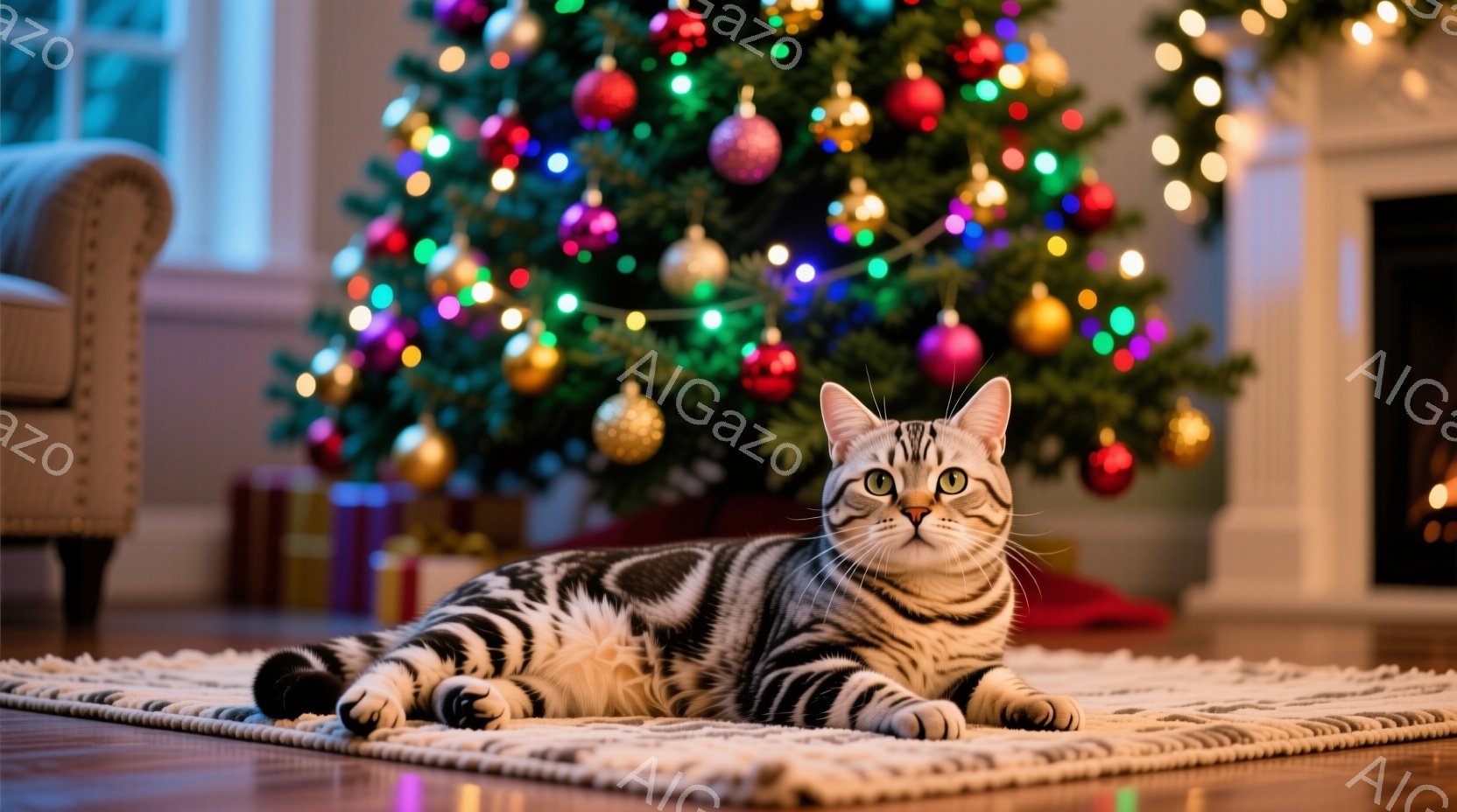 縞模様の猫が白いラグの上でリラックスして横たわっています。背景には、カラフルなオーナメントで飾られたクリスマスツリーがあり、プレゼントも置かれています。暖炉の光が優しく室内を照らし、クリスマスの温かく - AI生成フリー素材