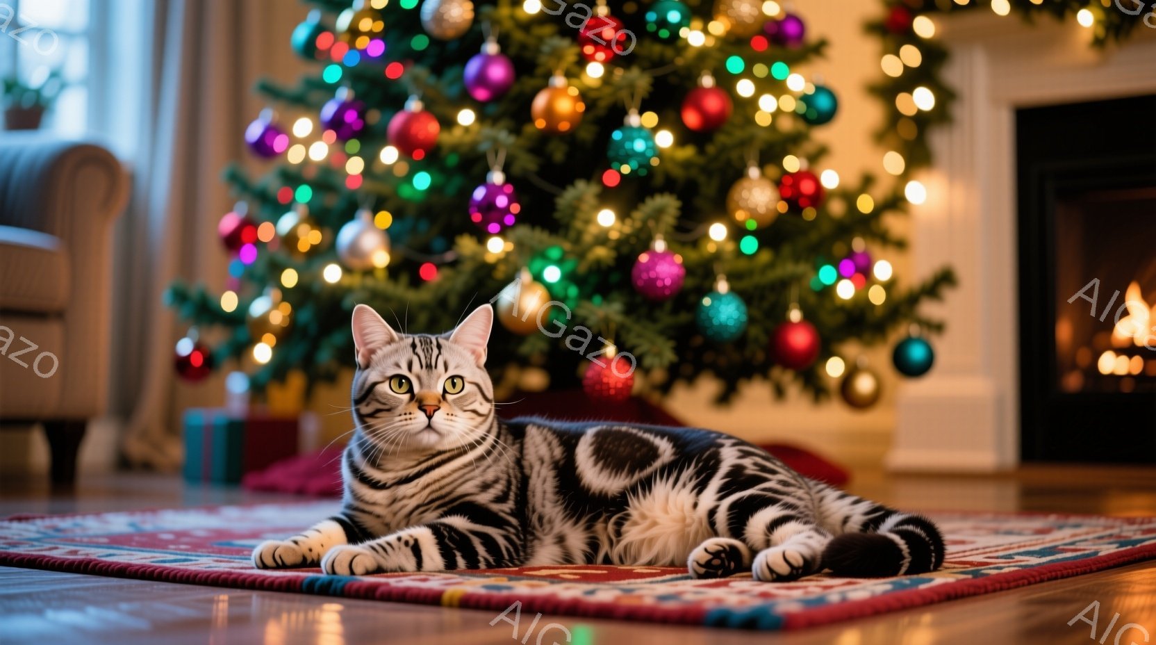 縞模様の猫が、カラフルなクリスマスツリーの前に敷かれた赤い敷物の上でゆったりと横たわっています。猫はカメラの方を見ており、リラックスした表情を浮かべています。背景には暖炉と、クリスマスオーナメントで飾 - AI生成フリー素材