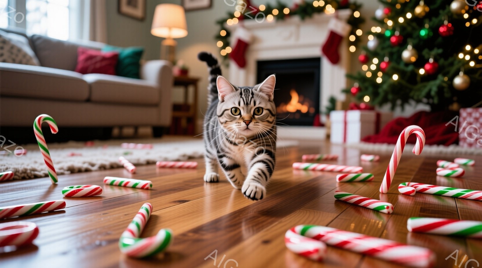 茶色の床に、赤と白のキャンディケーンが散らばっています。その中央を、縞模様の灰色の猫が正面を見て歩いており、好奇心と遊び心のある表情をしています。背景には、クリスマスツリー、暖炉、そして飾られたマントルピースが見え、温かく祝祭的な雰囲気を醸し出しています。