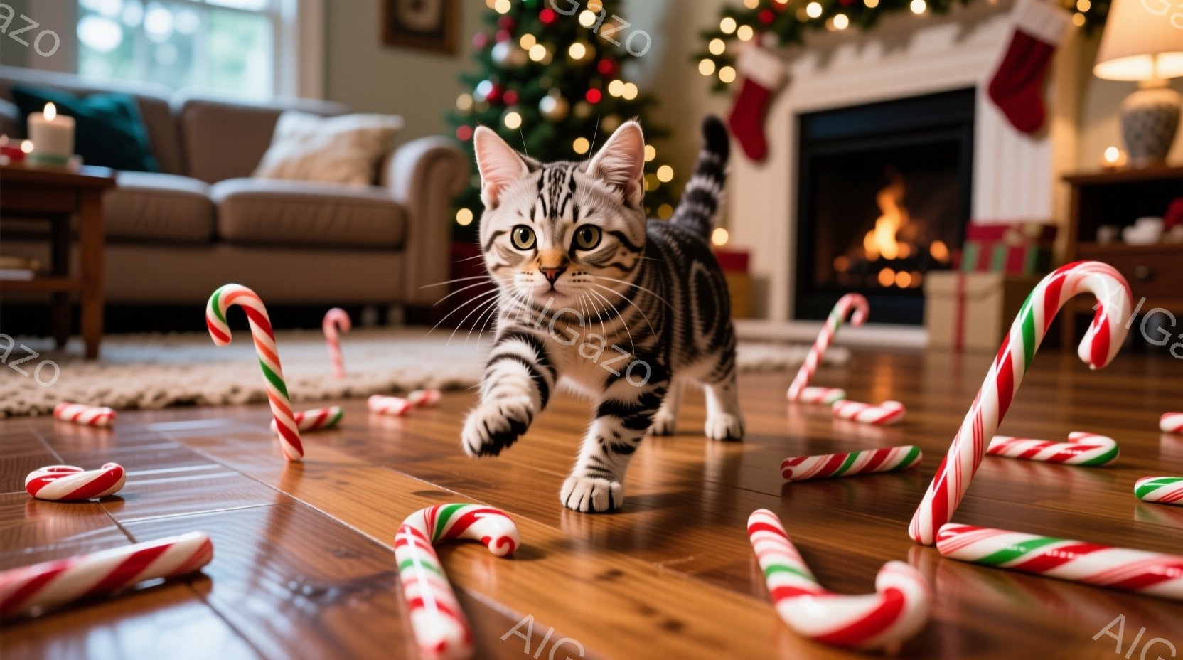 明るいリビングルームの床に、縞模様の猫がこちらに向かって歩いてくる様子が写っている。周囲には赤と白のキャンディケーンが散らばっており、背景にはクリスマスツリーと暖炉が見える、クリスマスの雰囲気を感じさ - AI生成フリー素材