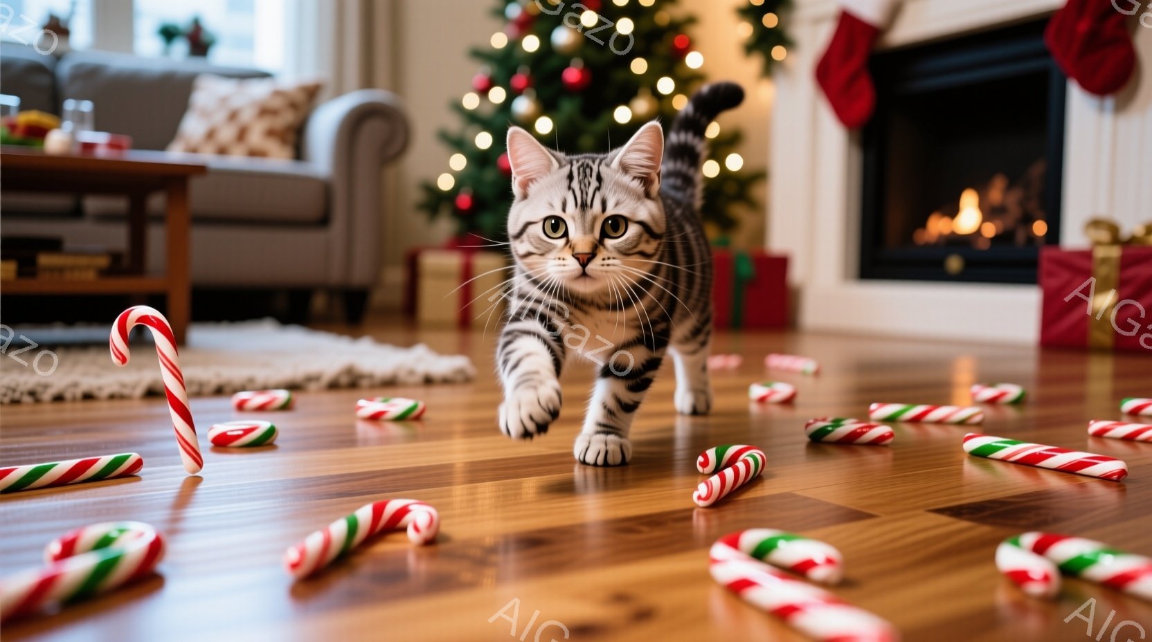 明るい木製の床に、縞模様の灰色の猫がこちらに向かって歩いてくる様子が写っています。猫の周りには、クリスマスらしい赤と白のキャンディケーンが散らばっており、背景にはクリスマスツリーと暖炉が見えます。全体 - AI生成フリー素材