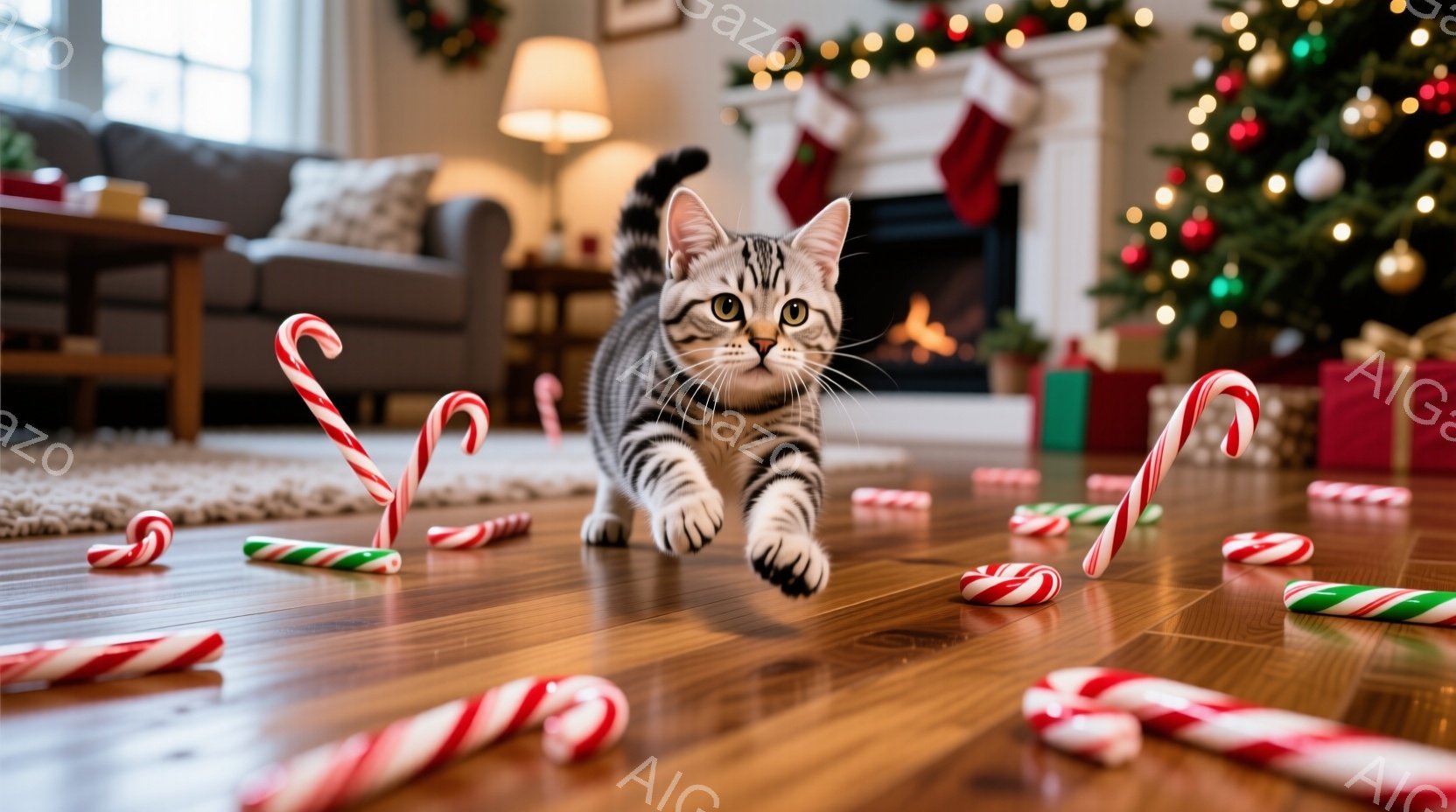 縞模様の小さな子猫が、クリスマスツリーの周りに散らばったキャンディケーンの間を歩いているところを捉えた写真です。背景には、暖炉、装飾されたクリスマスツリー、そして快適なリビングルームが見えます。全体的 - AI生成フリー素材
