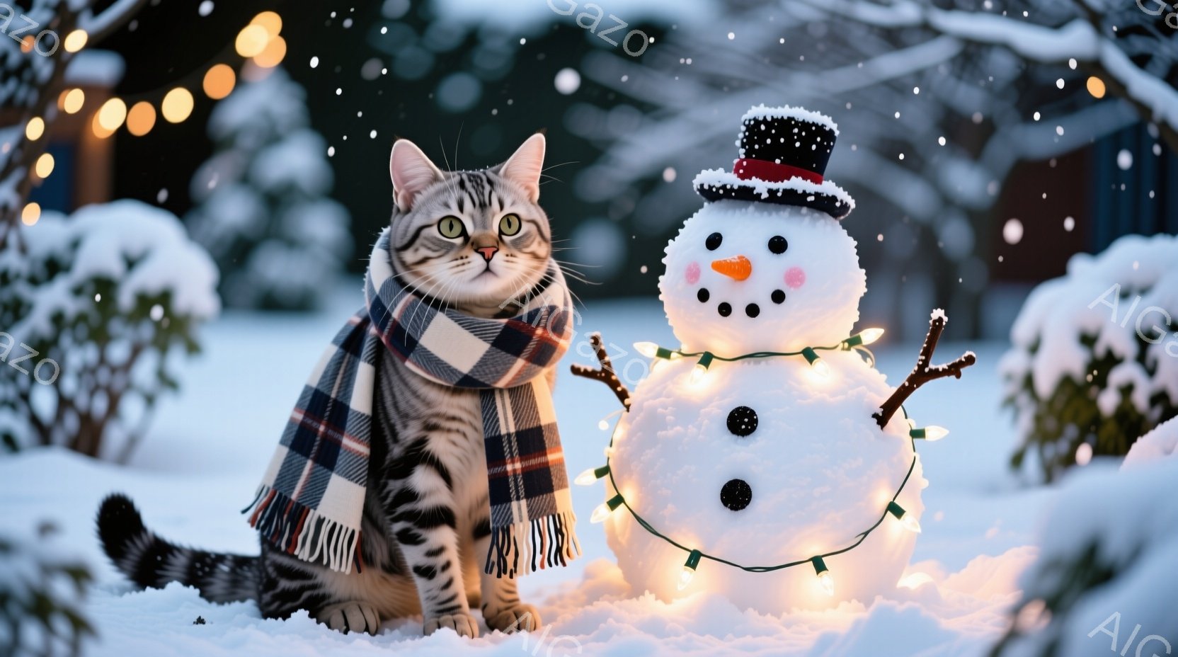 白い雪景色の中に、縞模様の猫がチェック柄のマフラーを巻いて座っています。猫は前足を揃え、穏やかな表情で正面を見ています。背景には雪に覆われた茂みがあり、猫の隣にはクリスマスの飾り付けがされた雪だるまが - AI生成フリー素材
