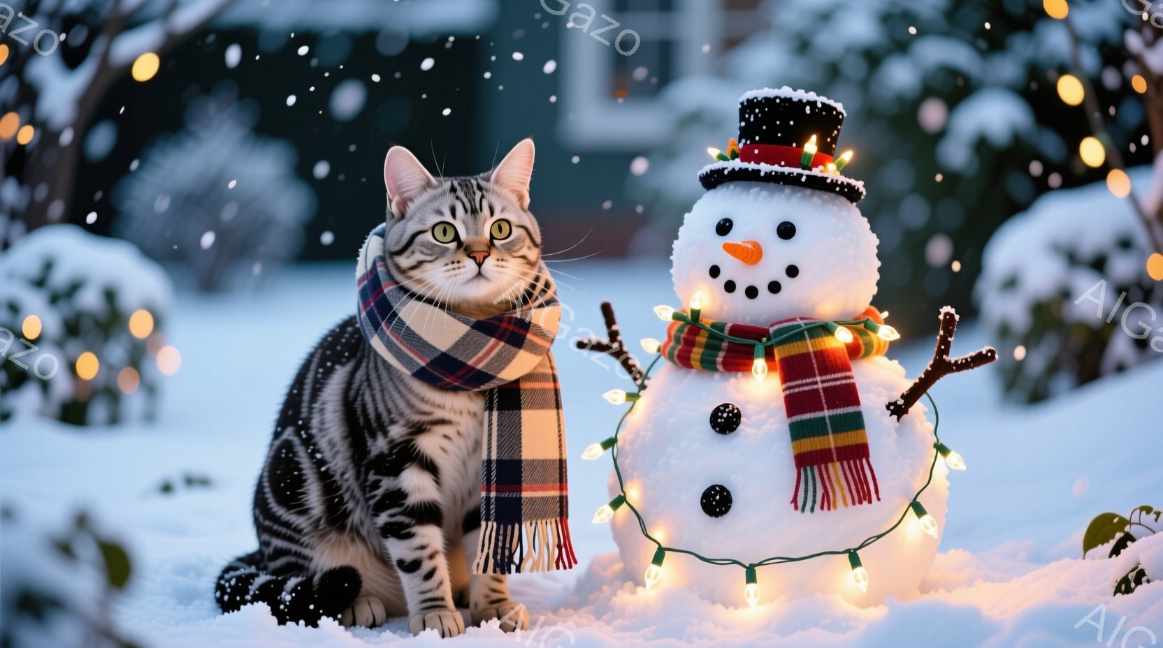 白い雪景色の中に、縞模様の猫が緑色の目をして、チェック柄のマフラーを巻いて座っています。猫の隣には、顔に炭で作られた表情と、カラフルなマフラーと帽子を身に着けた雪だるまがあり、暖かい光を放つ電飾で飾られています。背景にはぼやけた家と木々が見え、全体的に穏やかで冬らしい雰囲気を醸し出しています。