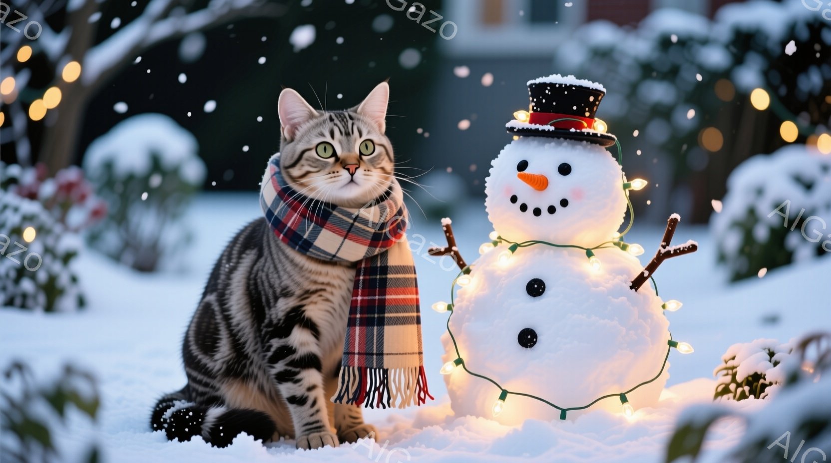 白い雪景色の中に、縞模様の猫が赤いチェック柄のマフラーを巻いて座っています。猫は正面を見つめ、少し微笑んでいるような表情をしています。背景には、イルミネーションで飾られた雪だるまや、ぼやけた家屋、そし - AI生成フリー素材