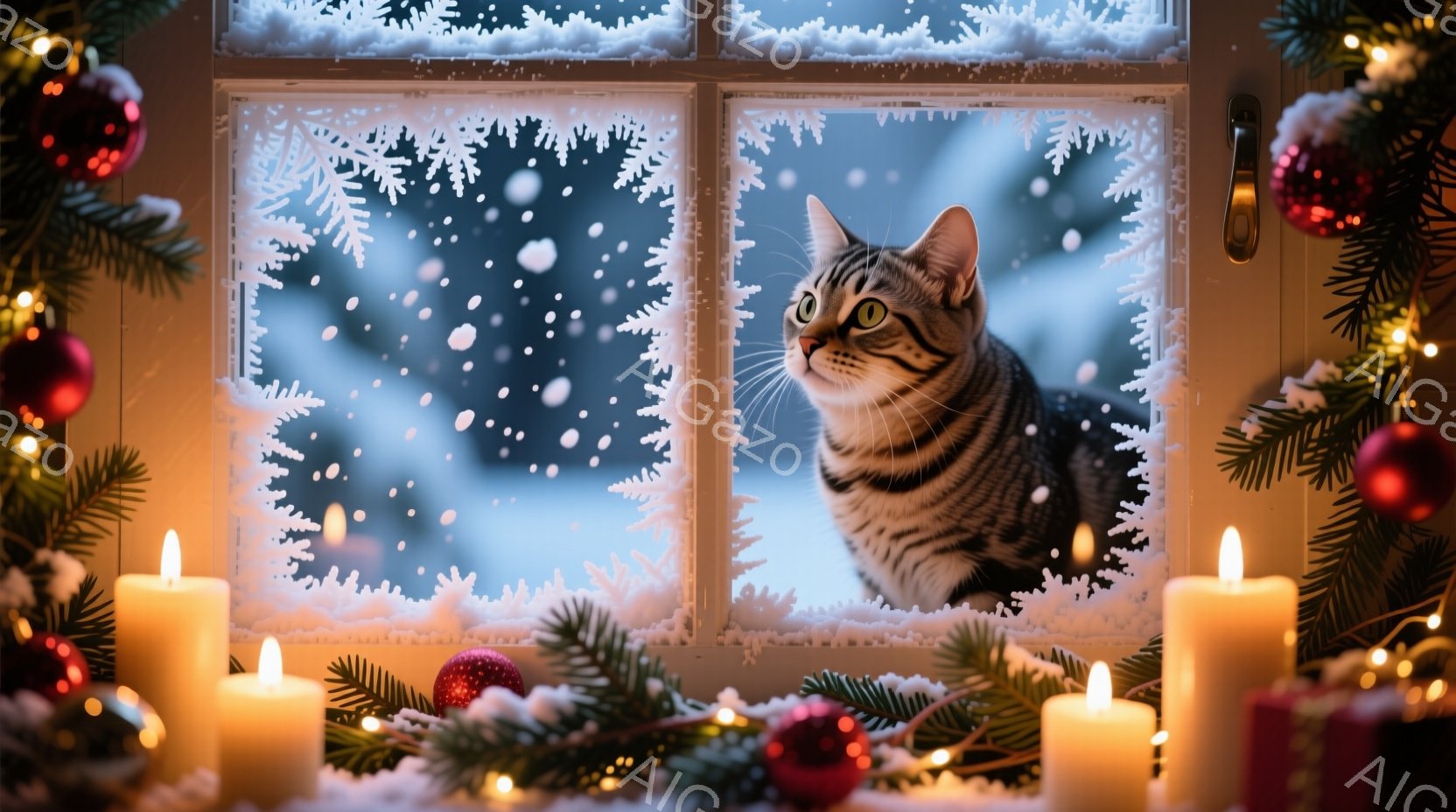 白い窓枠に寄り添う縞模様の猫が、雪の降る外を見つめている。クリスマスツリーの飾りや点けられたキャンドルが暖かく、冬の静かで穏やかな雰囲気を醸し出している。雪景色と室内のもみの木の装飾が、温かくロマンチ - AI生成フリー素材