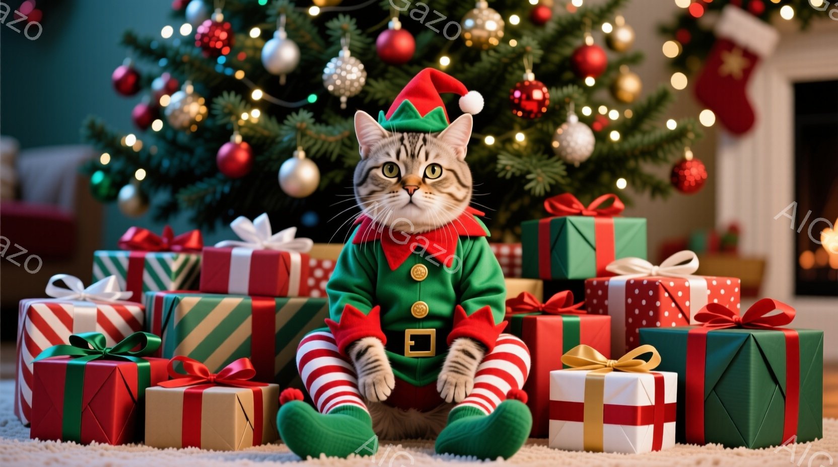 一匹の猫が、緑色のエルフの衣装を着てプレゼントの山の中に座っています。エルフの衣装は、赤いストライプの靴下と、緑色の帽子とベストで構成されています。背景には、クリスマスツリーが飾られ、暖かい光が全体を - AI生成フリー素材