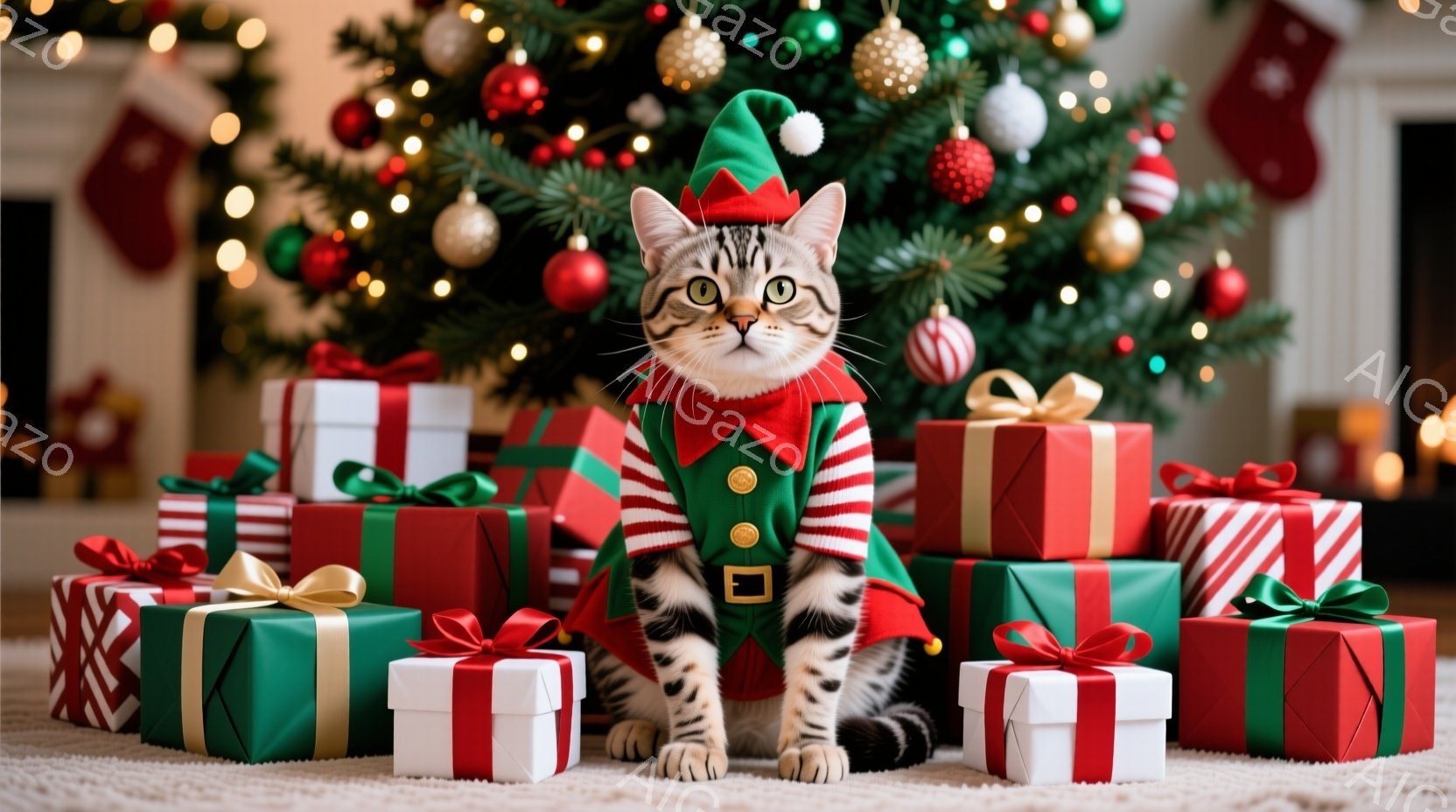 縞模様の猫が、緑と赤のストライプの衣装と帽子を身に着けて、プレゼントの山の上に座っています。猫は前足を揃えて座り、少しいたずらっぽい表情で正面を見ています。背景にはクリスマスツリーが飾られ、暖かくお祝 - AI生成フリー素材