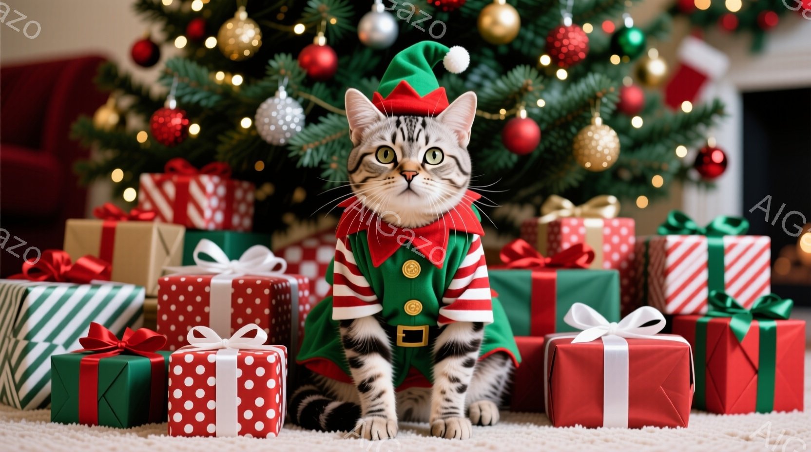 テーブルの上には、ジンジャーブレッドハウスと装飾されたクッキーが並べられ、クリスマスの食事が準備されている様子が伺える。縞模様の猫がテーブルの端に座り、興味深そうにジンジャーブレッドハウスを見つめてい - AI生成フリー素材