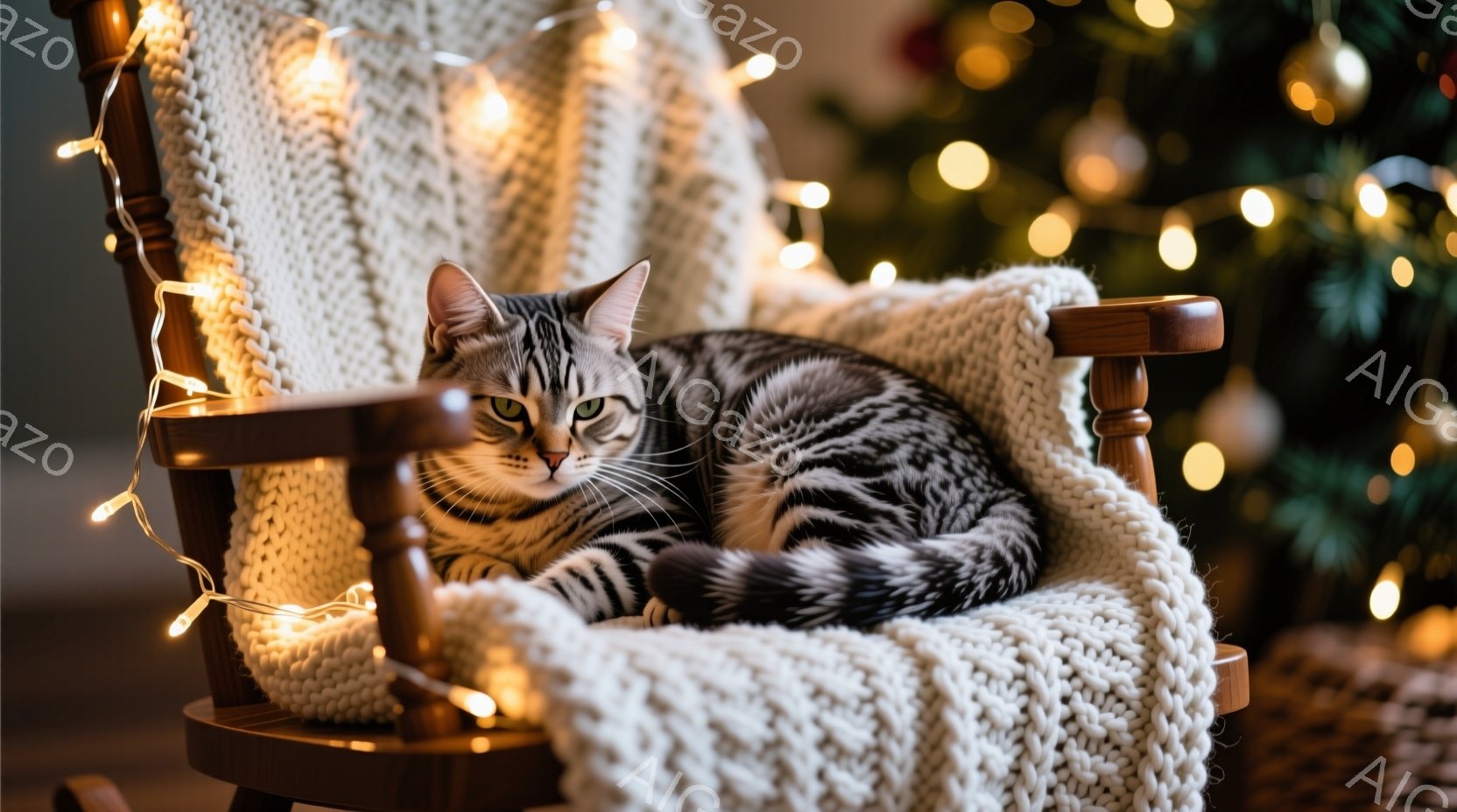 縞模様の猫が、オフホワイトの厚手のニットで覆われたロッキングチェアに丸まって座っています。猫は落ち着いた表情で、リラックスした姿勢を見せており、背景にはぼやけたクリスマスツリーと暖かい色のフェアリーラ - AI生成フリー素材