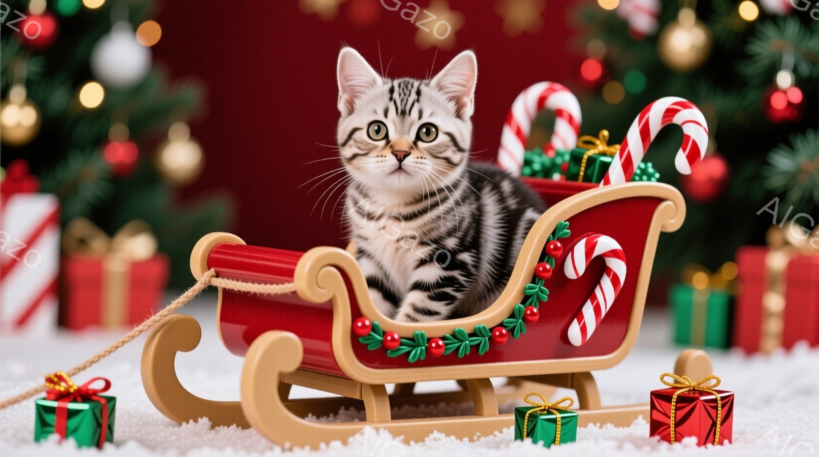 白地に黒い縞模様の小さな子猫が、赤いそりにちょこんと座っています。そりは金色の縁取りで、緑と赤い飾りで飾られ、キャンディケーンとプレゼントの箱に囲まれています。背景には、ぼやけたクリスマスツリーと雪が - AI生成フリー素材
