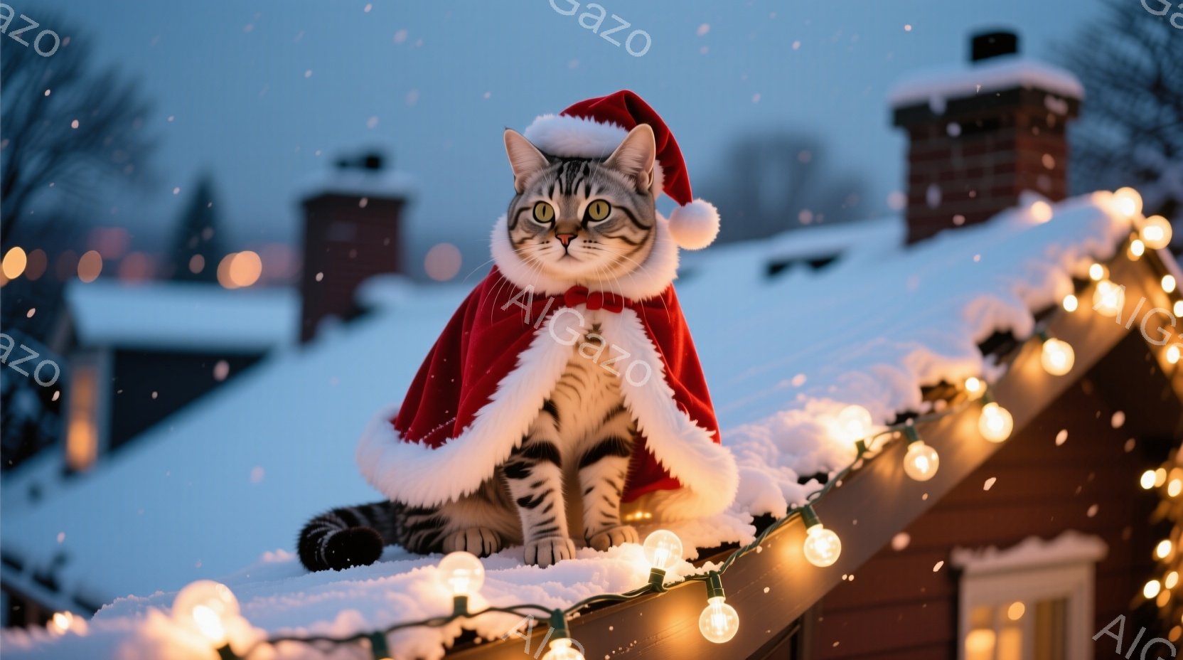 白い屋根の上に、サンタクロースの帽子と赤いマントを身につけた縞模様の猫が座っています。猫は前を見据え、少しいたずらっぽい表情を浮かべており、周囲には雪が降り積もっています。背景には家々と、暖かい光を放 - AI生成フリー素材
