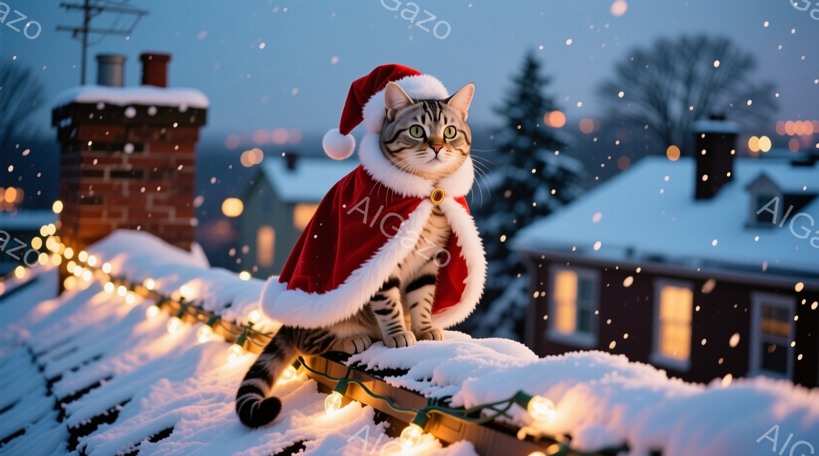雪で覆われた屋根の上で、サンタクロースの帽子とマントを身につけた猫が座っています。猫は前方を少し見上げ、落ち着いた表情をしています。背景には、雪景色の中に家々が並び、暖かい光が灯っており、クリスマスの静かで幻想的な雰囲気を醸し出しています。