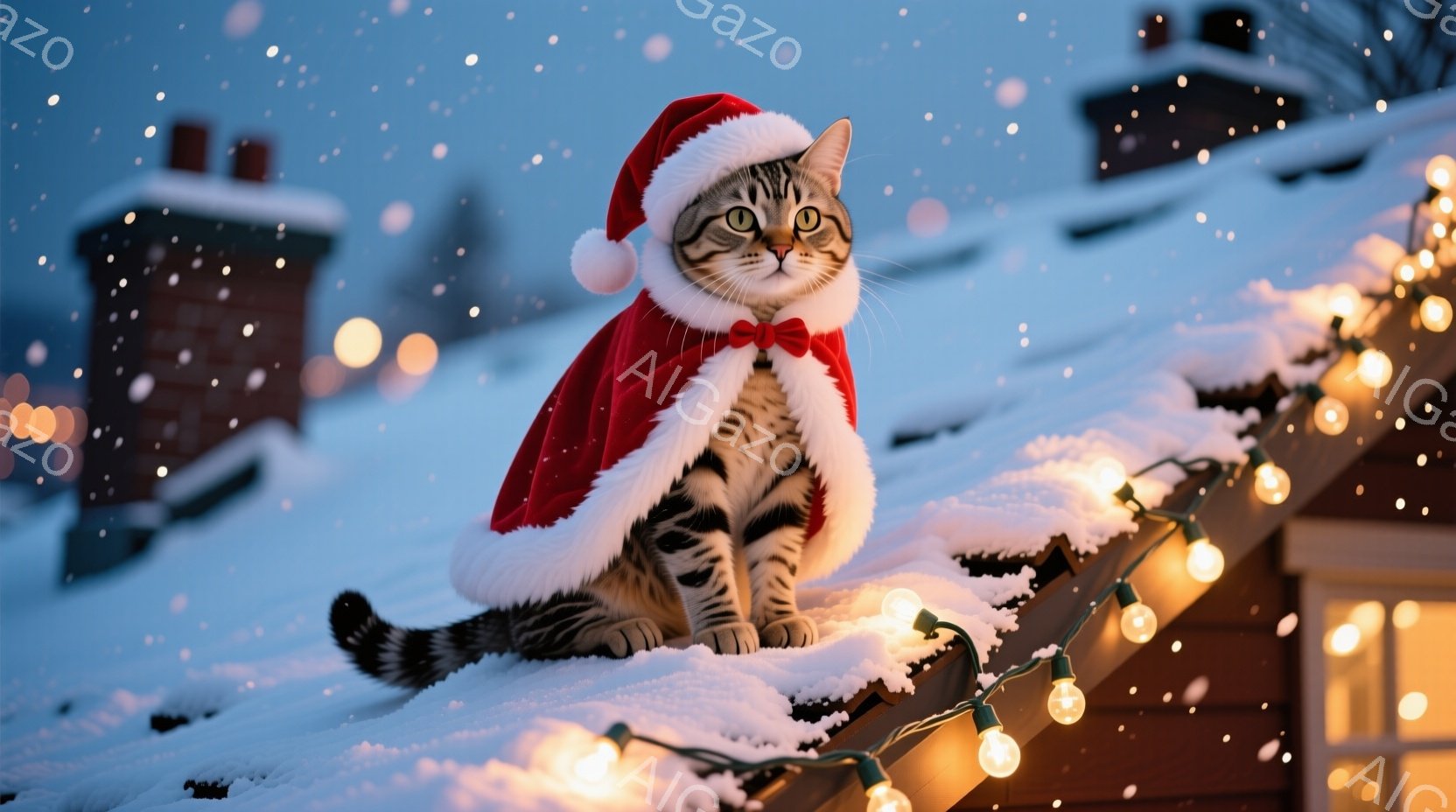 縞模様の猫がサンタの帽子をかぶり、屋根の上で雪の上に座っています。周囲にはきらめく電飾が広がり、背景には雪積もった屋根と建物が見え、冬の暖かく幻想的な雰囲気が漂っています。猫は前方をまっすぐ見つめ、穏 - AI生成フリー素材