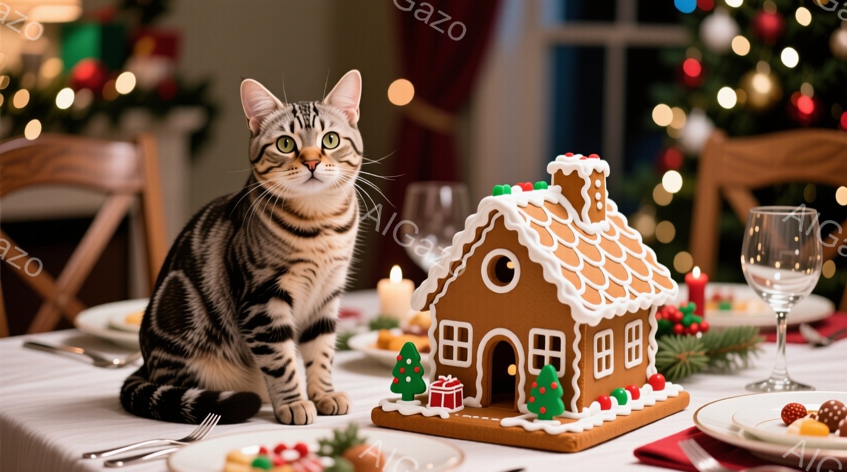 テーブルの上には、クリスマスのディナーの準備が整い、ジンジャーブレッドハウス、キャンドル、装飾が並べられています。テーブルのそばに座っているのは、縞模様の灰色の猫で、丸い目で見つめており、どこか満足げな表情を浮かべています。背景にはぼやけたクリスマスツリーが見え、温かくお祝いムードに包まれた室内であることがわかります。