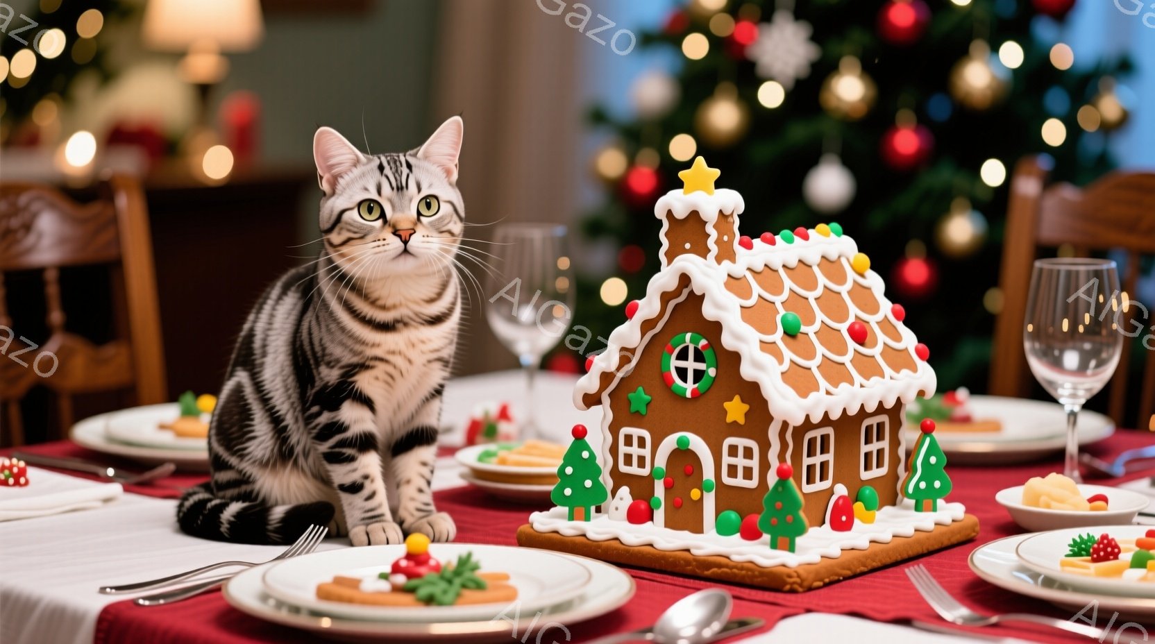 テーブルの上には、クリスマスをテーマにした料理と、精巧に作られたジンジャーブレッドハウスが並んでいる。テーブルの横には、縞模様の猫が座り、興味深そうにジンジャーブレッドハウスを見つめている。背景には、 - AI生成フリー素材