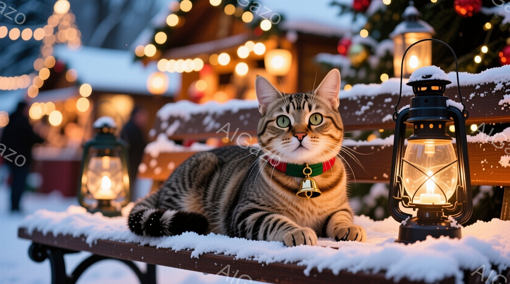 茶色の縞模様の猫が雪の積もったベンチに横たわっています。首輪にはベルが付いており、リラックスした表情でカメラを見つめています。背景には、点灯したランタンとぼやけた建物があり、冬の夜の暖かく幻想的な雰囲 - AI生成フリー素材