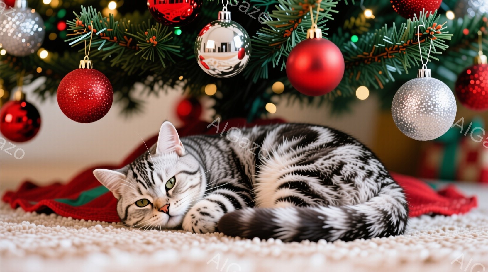 白と黒の縞模様の猫が、赤い布の上に丸まって横になっています。背景にはクリスマスツリーが飾られており、赤い、銀色のオーナメントが輝いています。全体的に、暖かく、リラックスしたクリスマスの雰囲気が漂ってい - AI生成フリー素材