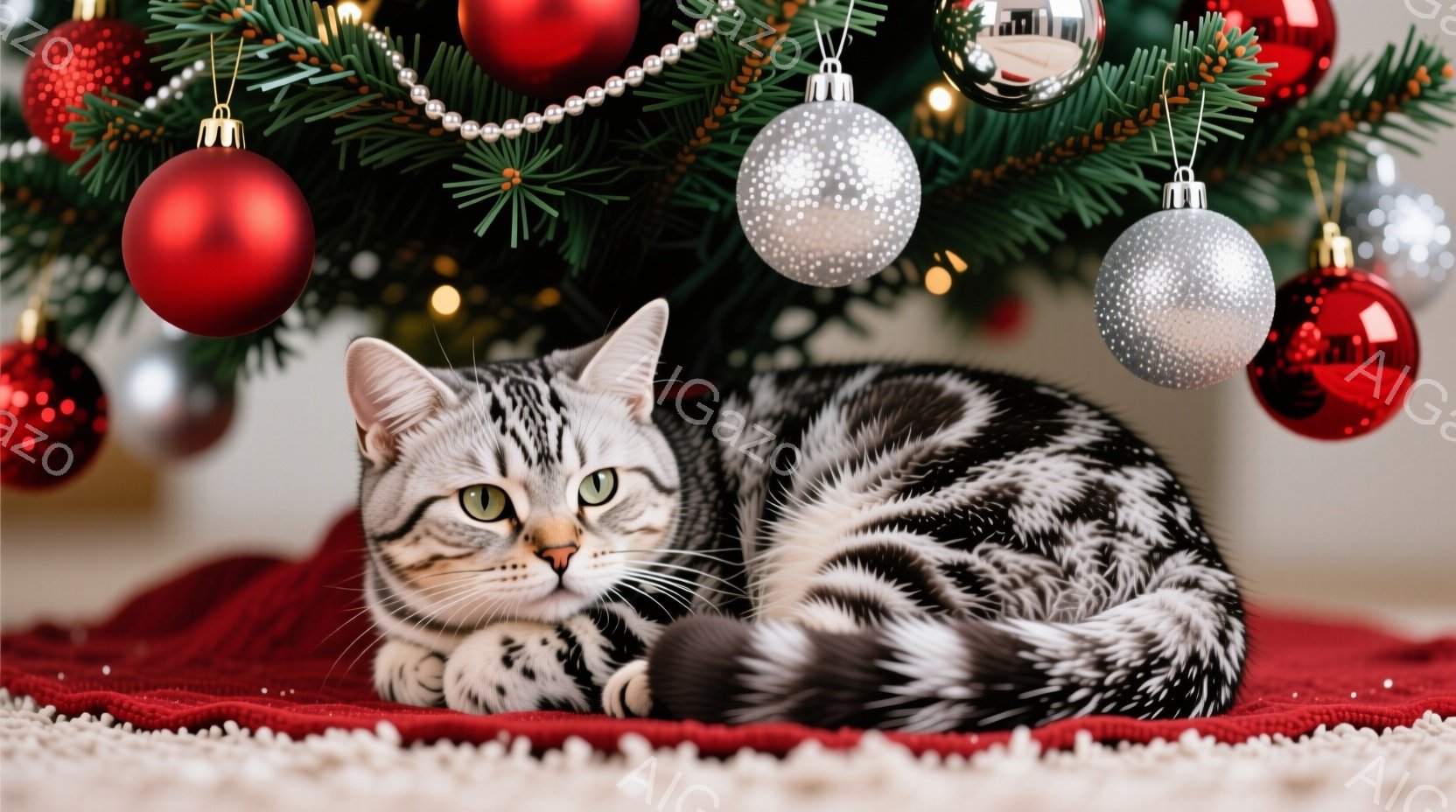 白と黒の縞模様の猫が赤い敷物の上で丸まって横たわっています。背景には、赤や銀のオーナメントで飾られたクリスマスツリーがあり、お祝いの雰囲気を醸し出しています。猫はリラックスした表情で、穏やかで温かい雰 - AI生成フリー素材