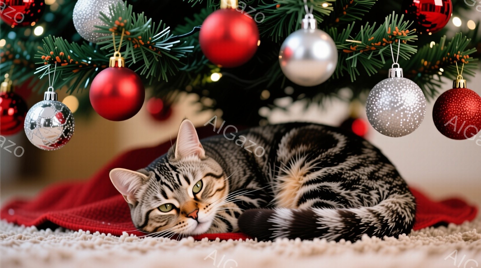 縞模様の猫が赤い布の上に丸まって眠っています。背景にはクリスマスツリーが飾られており、赤いオーナメントと銀色のオーナメントがぶら下がっています。全体的に温かく、居心地の良い雰囲気で、クリスマスの準備を - AI生成フリー素材