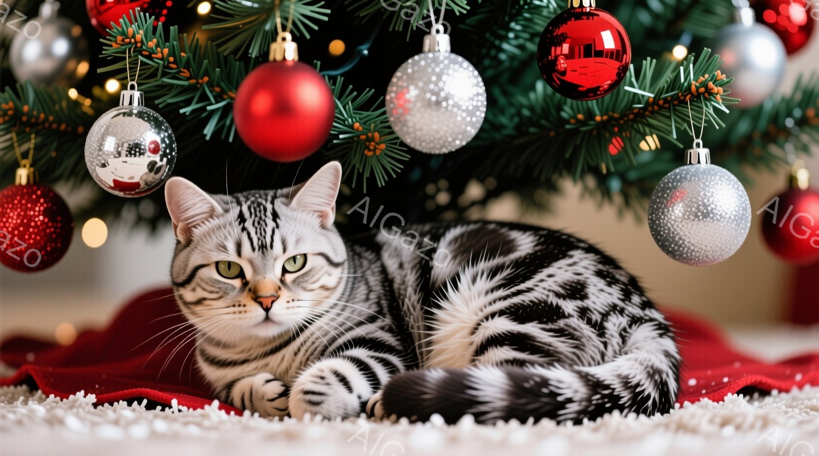 白と黒の縞模様の猫が赤い布の上で丸まって横たわっています。背景には、クリスマスツリーの枝と赤いオーナメントが散りばめられており、暖かくお祝いの雰囲気です。猫はリラックスした表情で、穏やかな光の中でその美しい毛並みが際立っています。