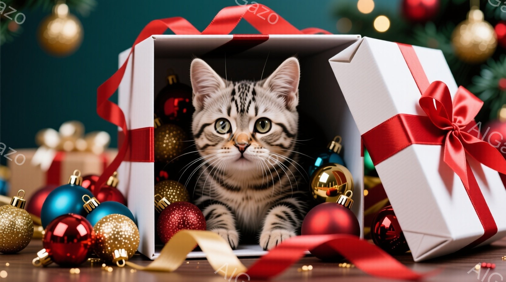 白いギフトボックスの中に、縞模様の可愛い子猫が座っています。子猫は正面を見つめ、好奇心と少しの警戒心を表した表情をしています。背景には、赤、金、青色のクリスマスオーナメントが散りばめられており、全体的 - AI生成フリー素材