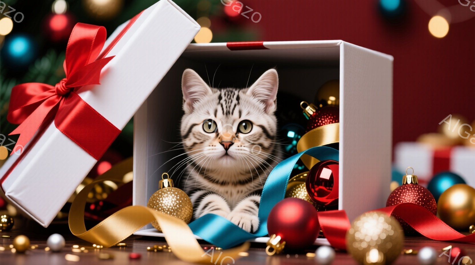 白いギフトボックスの中に、縞模様の猫が丸まって座っています。猫は好奇心と遊び心に満ちた表情でカメラを見つめており、周囲には金や赤のクリスマスオーナメントやリボンが散らばっています。背景はぼかされており - AI生成フリー素材