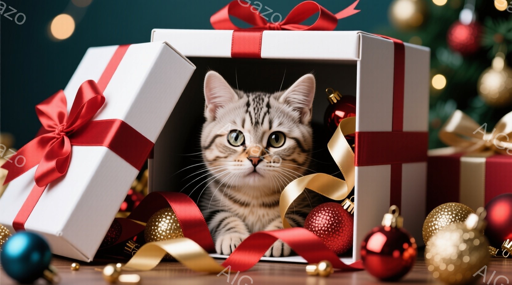 白いギフトボックスの中に、縞模様の小さな子猫が座っており、好奇心と少しの戸惑いが混ざった表情で正面を見つめています。赤いリボンと金色の装飾が箱の周りを飾り、背景にはぼやけたクリスマスツリーとオーナメン - AI生成フリー素材