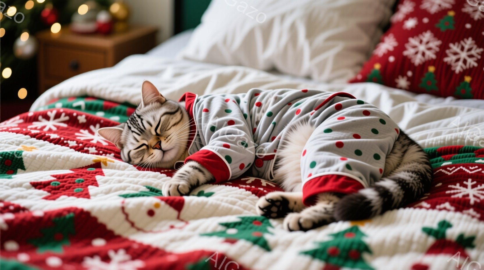 白とグレーの縞模様の猫が、赤い縁取りのあるグレーのパジャマを着て、赤いクリスマス柄のベッドに横たわっています。猫は目を閉じてリラックスした表情で、前足を曲げて眠っているようです。背景にはぼんやりとクリ - AI生成フリー素材