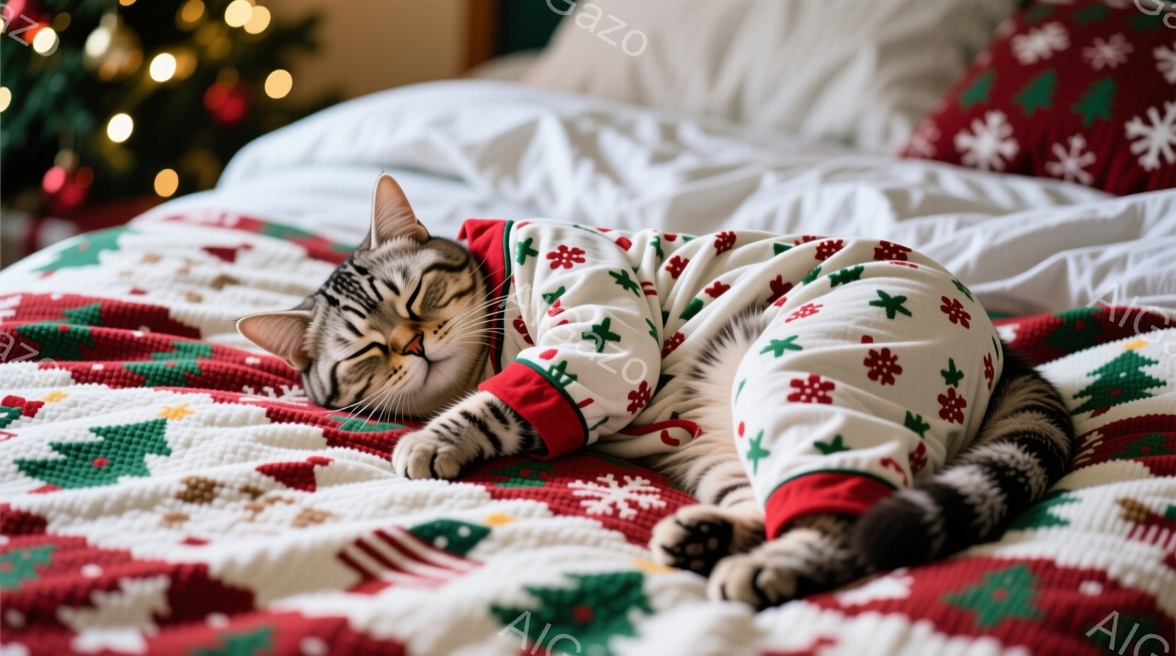 白地に赤と緑の柄が入ったクリスマス風のパジャマを着た猫が、赤いキルト模様のベッドの上で横たわっています。猫は目を閉じ、リラックスした表情で、まるで眠っているかのようです。背景にはぼやけたクリスマスツリーの光がちらつき、暖かく穏やかな雰囲気を醸し出しています。