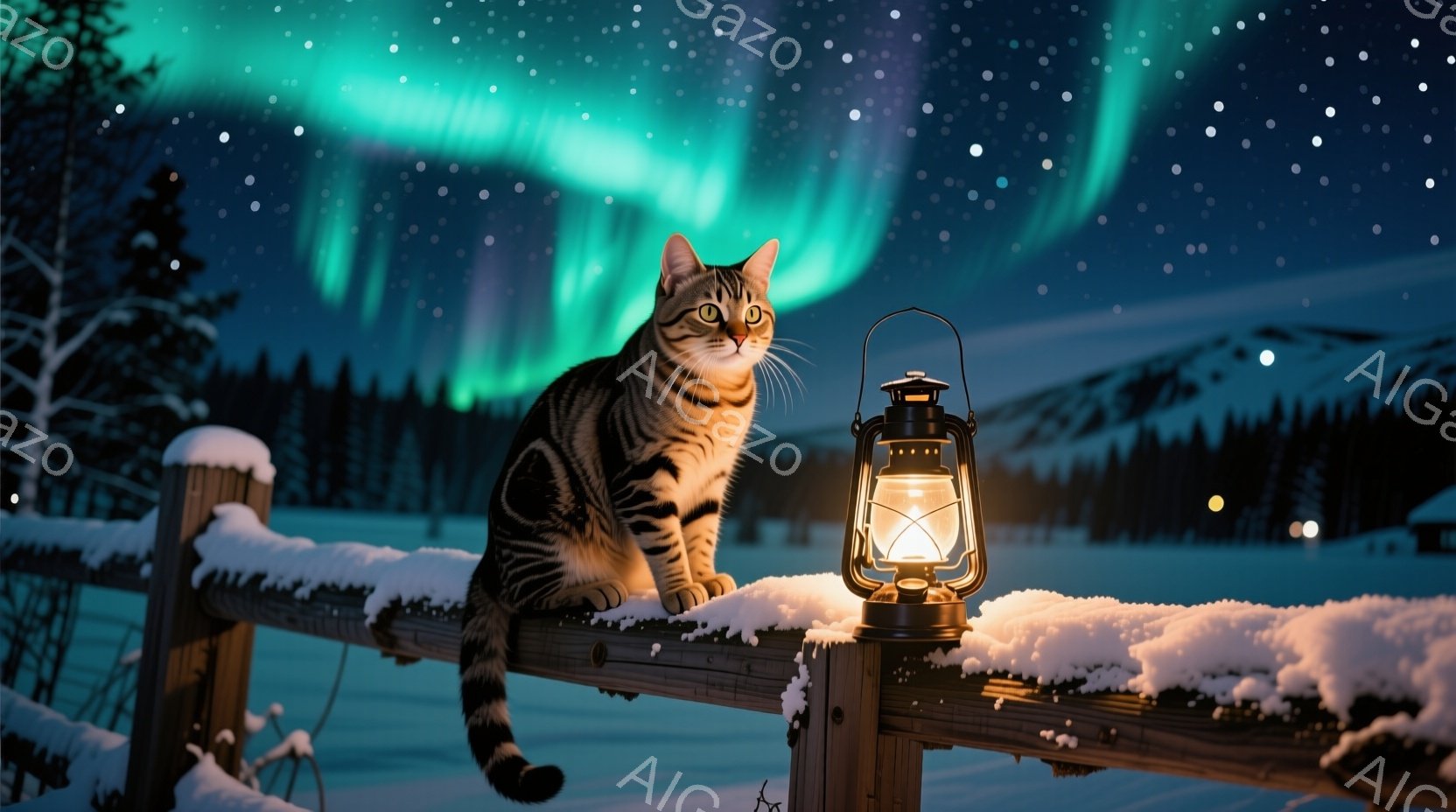 白と黒の縞模様の猫が、クリスマスオーナメントと赤いリボンで飾られた編み込みのバスケットの中に丸まって横たわっています。猫はリラックスした表情で、少しだけこちらを見ています。背景はぼやけていますが、白い - AI生成フリー素材