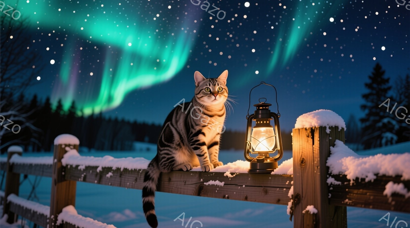 雪に覆われた木製の柵の上に、縞模様の猫が優雅に座っている。背後には暗い森が広がり、空には緑と紫のオーロラが幻想的に輝いている。猫は前方をじっと見つめ、金色の光を放つランタンがその隣に置かれ、温かい雰囲 - AI生成フリー素材