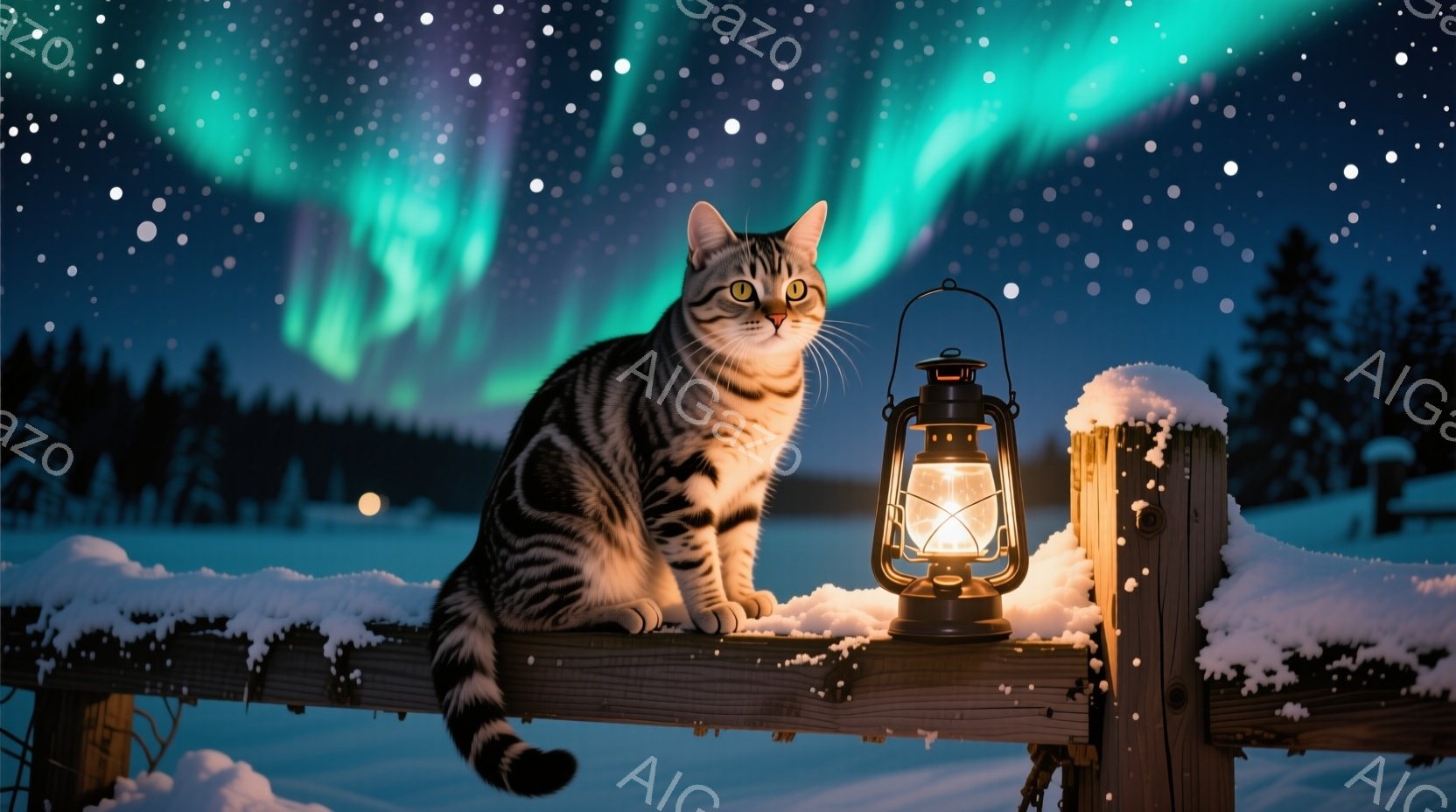 白とグレーの縞模様の猫が、雪に覆われた木の柵の上に座ってこちらを見ている。背景には暗い森と、緑と紫のオーロラが広がり、雪原にはわずかな光が見える。全体的に、静かで幻想的な冬の夜の雰囲気が漂っている。 - AI生成フリー素材