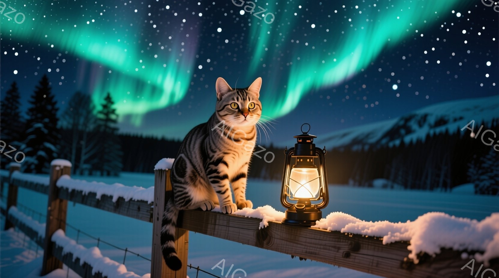 縞模様の猫が雪に覆われた木の柵の上に座り、正面を見つめている。背景には、暗い空に緑色のオーロラが広がり、遠くには雪に覆われた山々と森林が連なっている。夜の静寂と自然の美しさを感じる、幻想的な雰囲気が漂 - AI生成フリー素材
