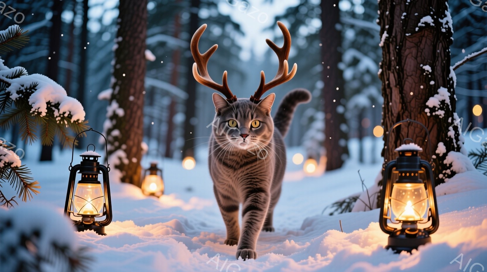 白い雪に覆われた森の中を、角を持つ灰色の縞模様の猫がこちらに向かって歩いてくる。周りには灯りが灯ったランタンが並び、雪が舞い散る幻想的な雰囲気を作り出している。猫はまっすぐ前を見ており、自信に満ちた表情で、冬の森の神秘的な存在感を放っている。