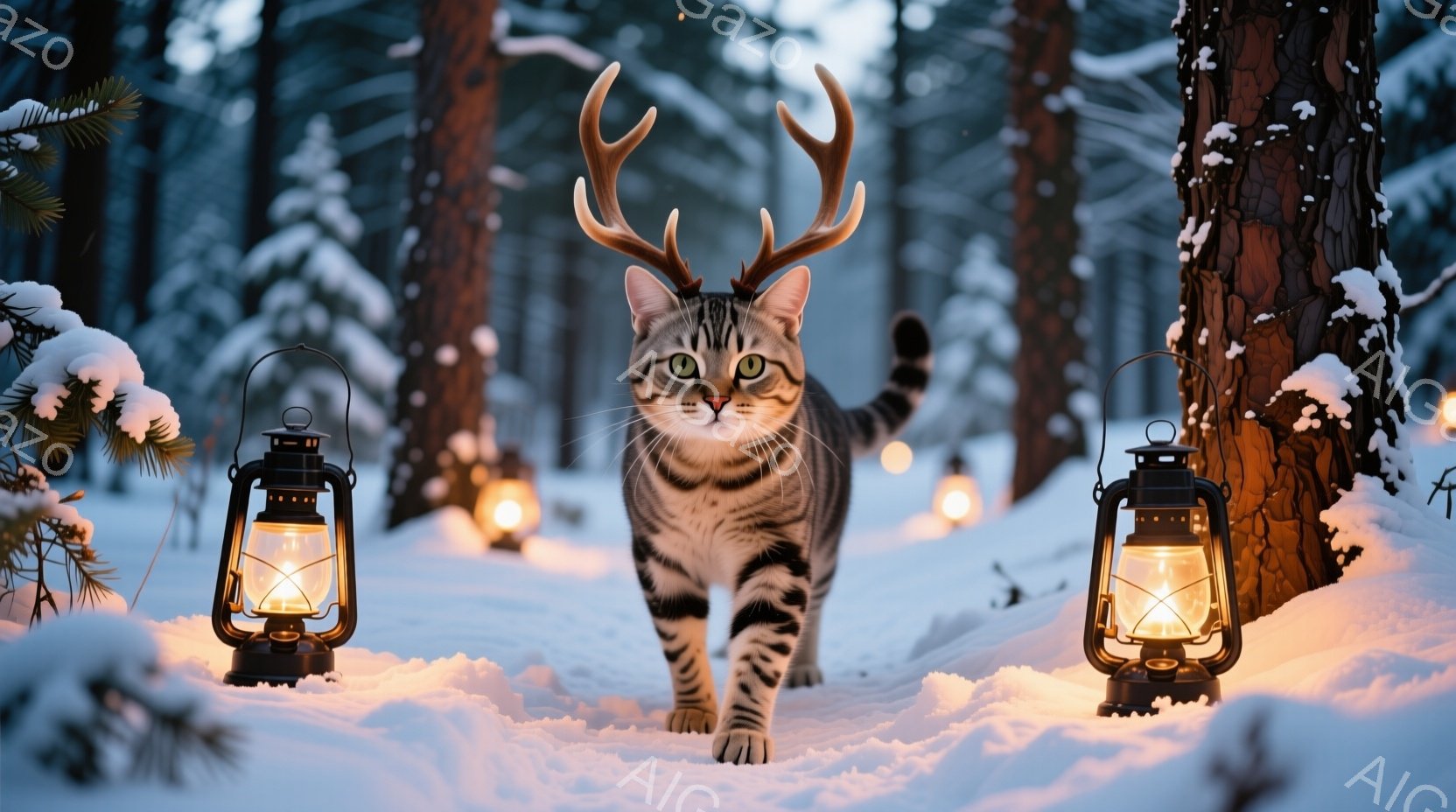 縞模様の猫が、角のような突起を頭部に付けて雪の中を堂々と歩いている。背景には、雪に覆われた木々と、灯りを灯したランタンが配置され、幻想的な冬の森の雰囲気を醸し出している。猫の表情はどこか神秘的で、雪の - AI生成フリー素材