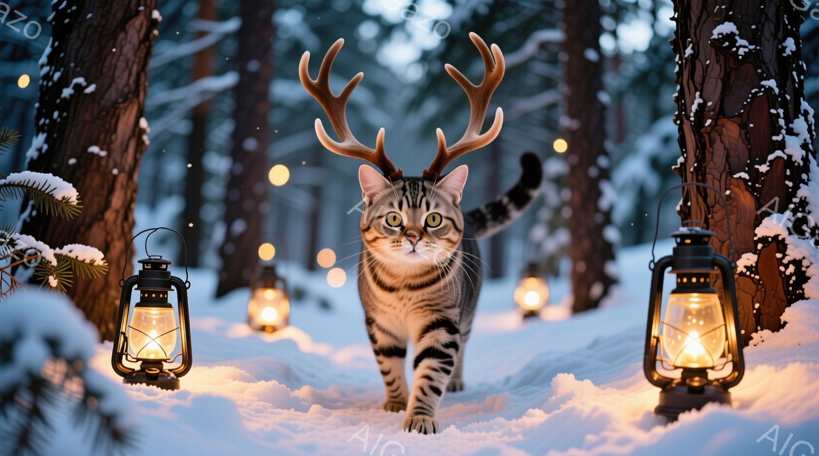 白い雪景色の中、縞模様の猫がこちらに向かって歩いてくる。頭には角が生えており、まるで森の精霊のような幻想的な姿をしている。背景には雪に覆われた木々と、暖かく光るランタンが並び、冬の夜の静かで神秘的な雰 - AI生成フリー素材