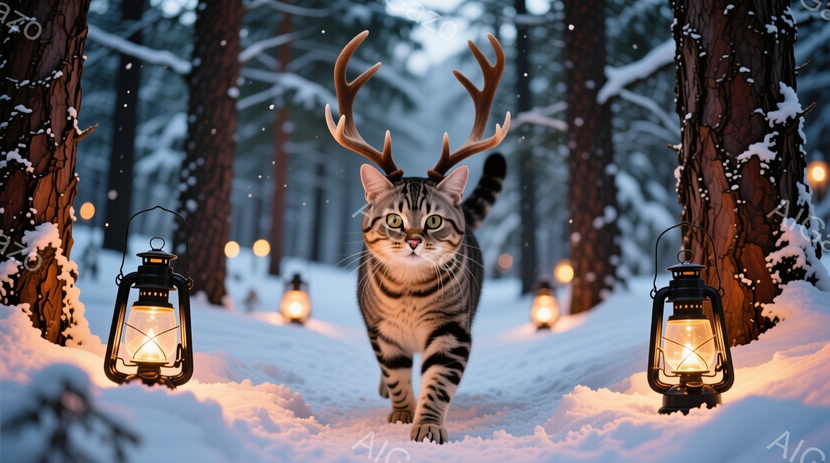 白い雪景色の中、縞模様の猫が角のような装飾を頭に付けて前進している。両脇には明かりを灯したランタンが並び、遠くには雪に覆われた木々がぼんやりと見える幻想的な光景だ。猫の表情は穏やかで、雪の中を堂々と歩 - AI生成フリー素材
