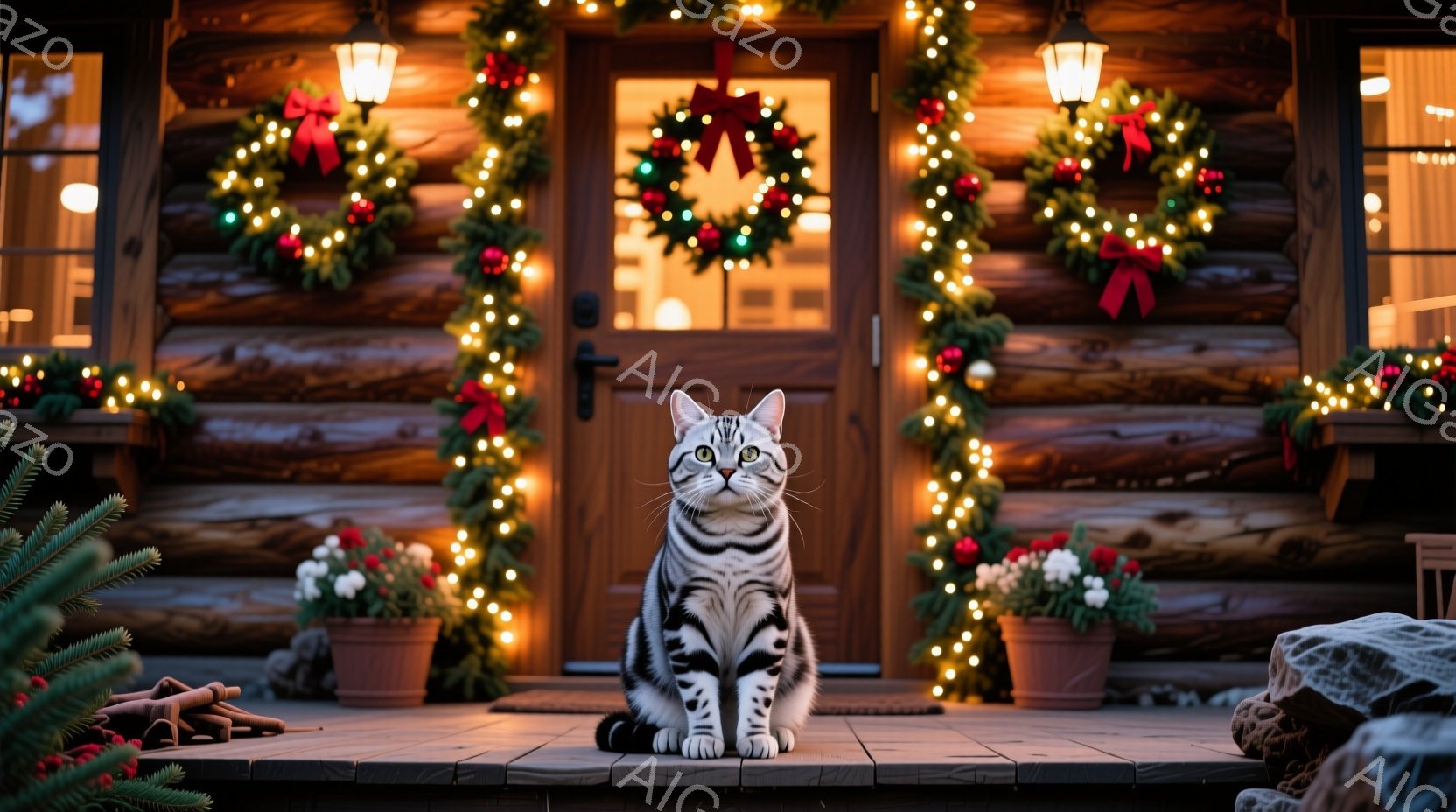 ログハウスの正面玄関は、クリスマスリースやイルミネーションで華やかに飾られています。白とグレーの縞模様の猫が、玄関前のタイル状の床に座り、正面をまっすぐ見つめており、その姿は堂々としています。背景には - AI生成フリー素材