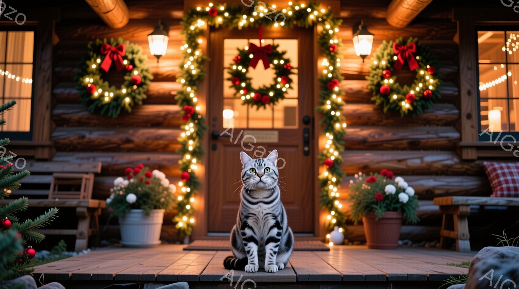 白と灰色の縞模様の猫が、クリスマスの飾り付けがされた家のポーチの段差に座っている。背景には、クリスマスリースと光の飾りで飾られた木製のドアがあり、ポーチには赤い実のついた花が入った鉢植えが置かれている。全体的に暖かく、お祝いの雰囲気で、冬の穏やかな夜を思わせる。