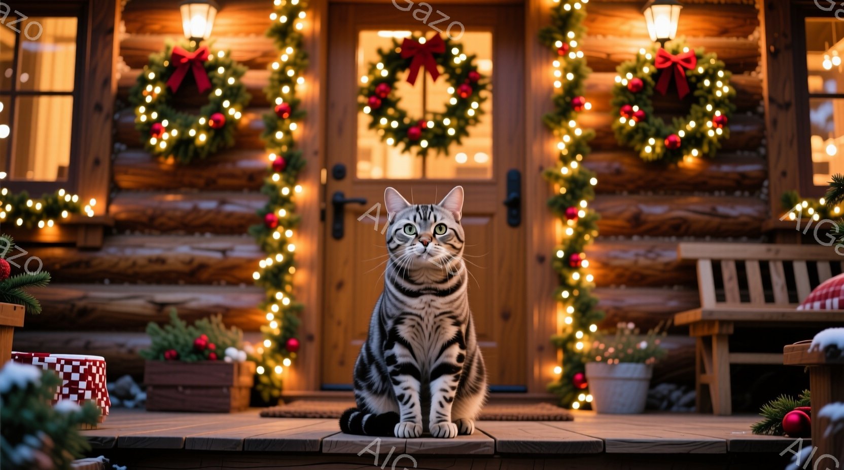白と灰色の縞模様の猫が、クリスマス飾りで飾られた木の家のポーチに座っています。背景には、赤いリボンが付いたクリスマスリースが飾られ、暖かい光が灯っています。全体的に、暖かく、お祝いの雰囲気で、クリスマ - AI生成フリー素材