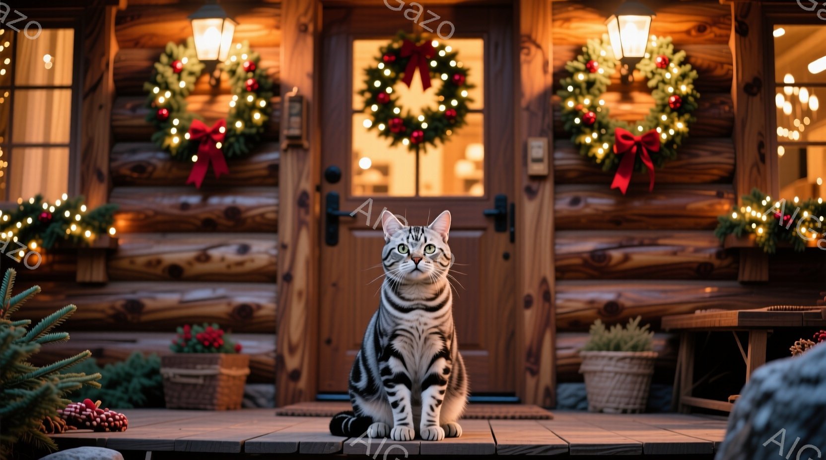 白と灰色の縞模様の猫が、クリスマスの飾り付けがされた家の玄関前に座っています。背景には、クリスマスリースやイルミネーションで飾られた木の家があり、暖かい光が灯っています。全体的に温かく、お祝いムードに - AI生成フリー素材