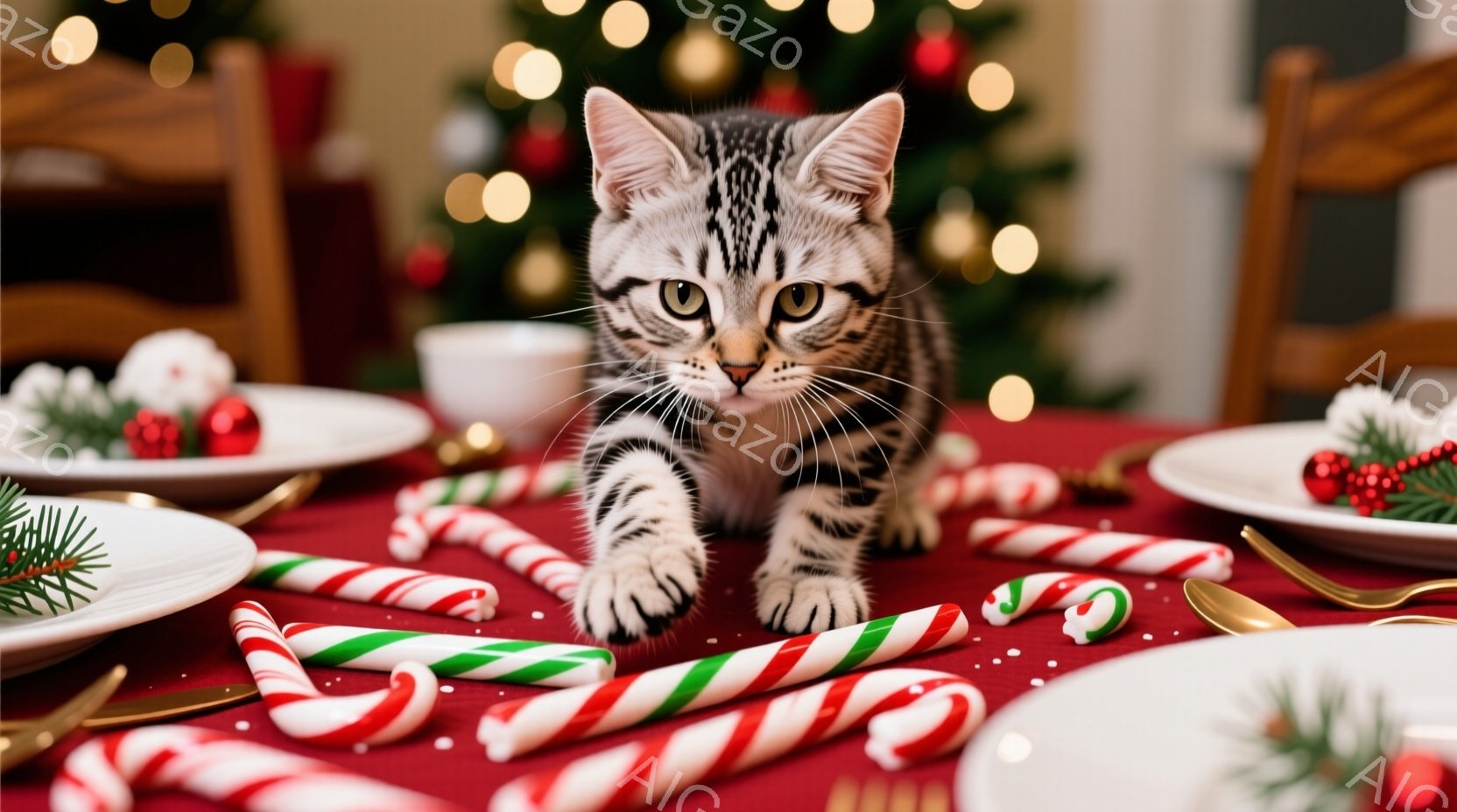 テーブルの上を、縞模様の小さな子猫が前足を伸ばして歩いている。赤いテーブルクロスと、周りにはキャンディケーンや装飾が散りばめられ、背景にはぼやけたクリスマスツリーの光が灯っている。全体的に、暖かく、遊 - AI生成フリー素材