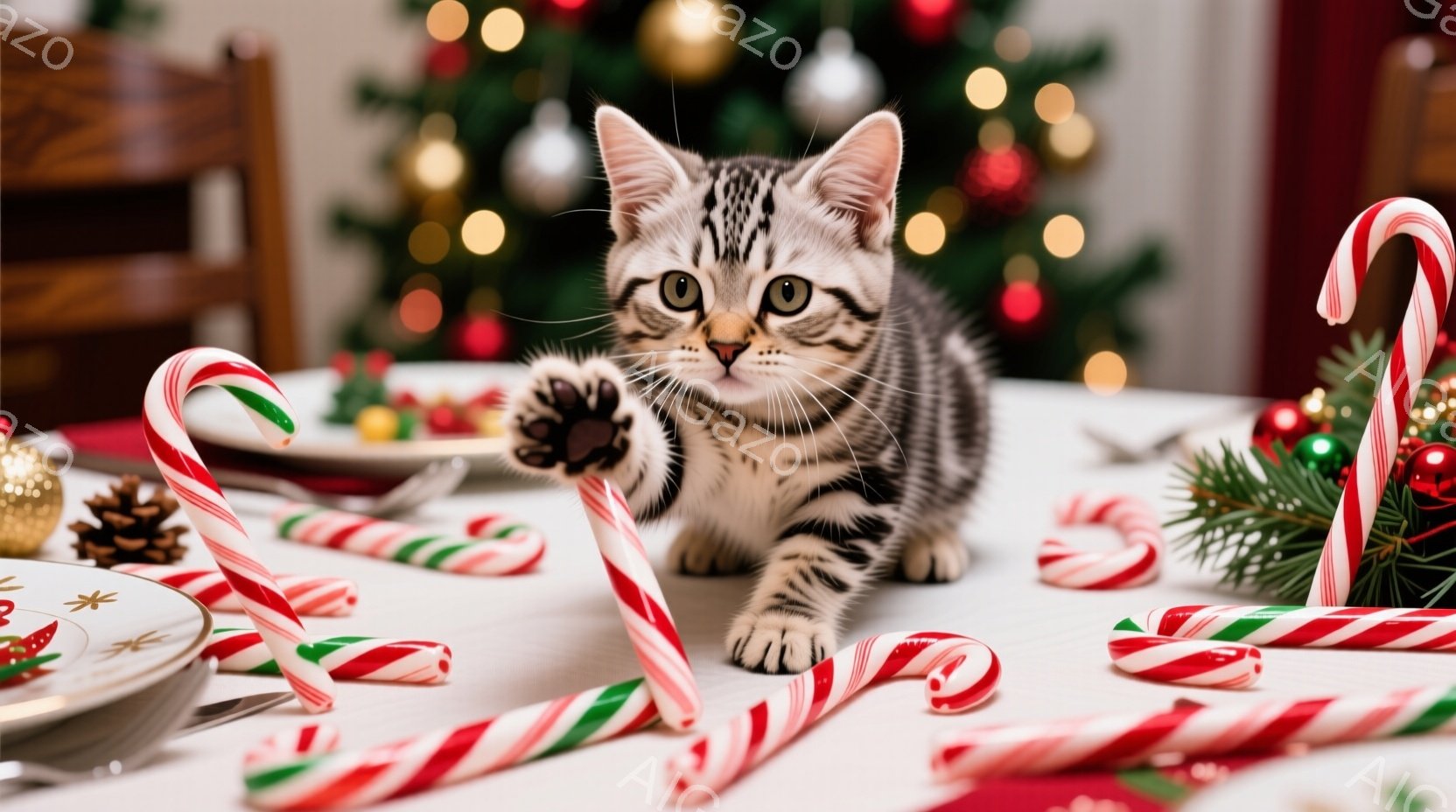 白地に縞模様の小さな子猫が、白いテーブルの上で赤いキャンディケーンを前足で叩いて遊んでいます。背景には緑のクリスマスツリーや装飾がぼんやりと見え、テーブルの上にはキャンディケーンが散らばり、クリスマス - AI生成フリー素材
