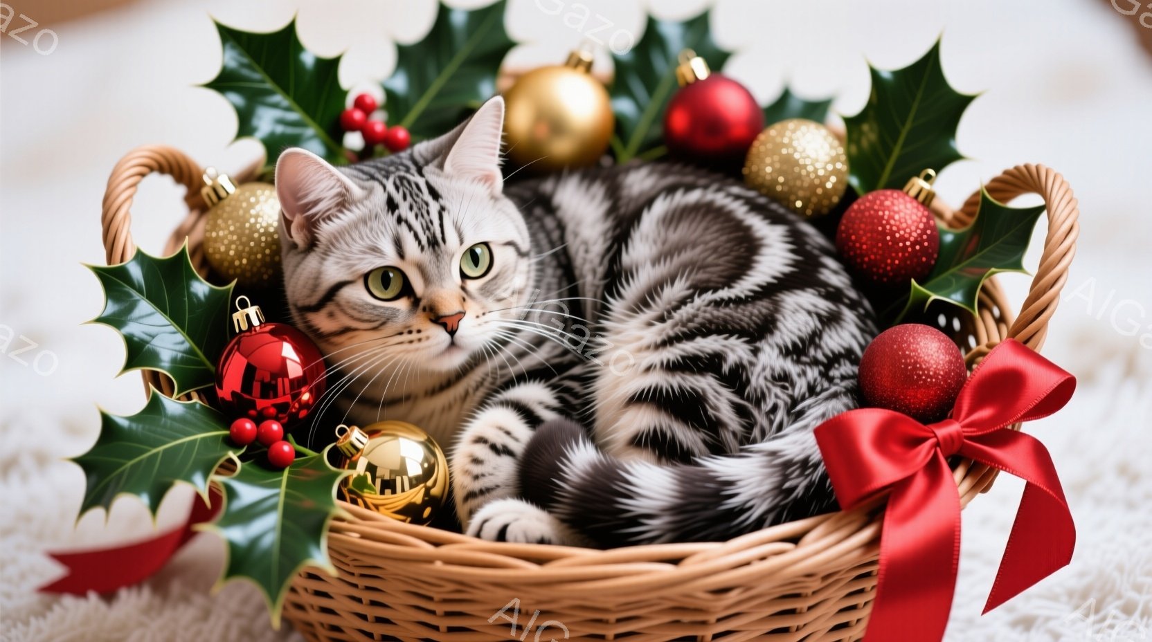 縞模様の猫が、クリスマス装飾で飾られた籐のバスケットにゆったりと横たわっています。赤いリボンとホーリー、そして金と赤のオーナメントが猫を取り囲み、白い毛並みの背景が暖かさを添えています。猫はリラックス - AI生成フリー素材