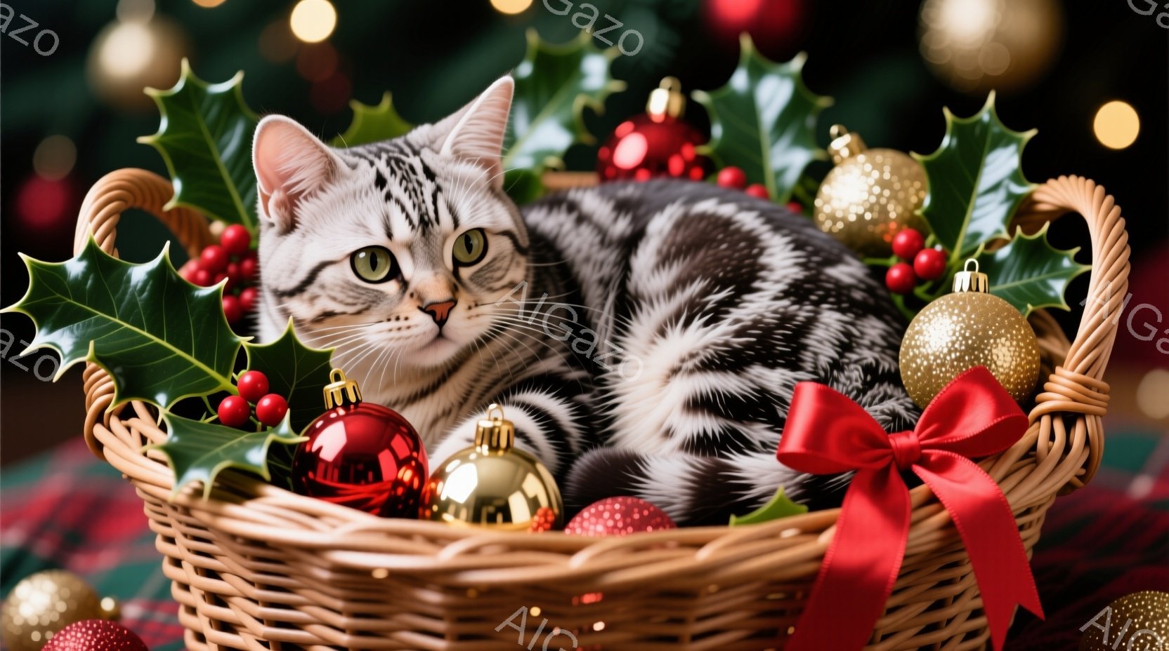 籠の中に縞模様の猫が横たわっており、クリスマスの飾り付け（赤い実の付いた葉、金色のオーナメント、赤いリボン）に囲まれています。猫はリラックスした表情で、こちらを見ており、背景にはぼやけたクリスマスツリ - AI生成フリー素材