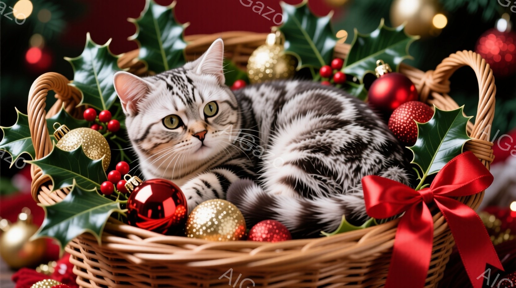 籠の中に縞模様の猫が丸まって眠っています。背景にはクリスマスオーナメントや赤いリボン、緑の葉っぱが飾られ、華やかなクリスマスシーズンを象徴しています。猫はリラックスした表情で、穏やかで温かい雰囲気を醸 - AI生成フリー素材