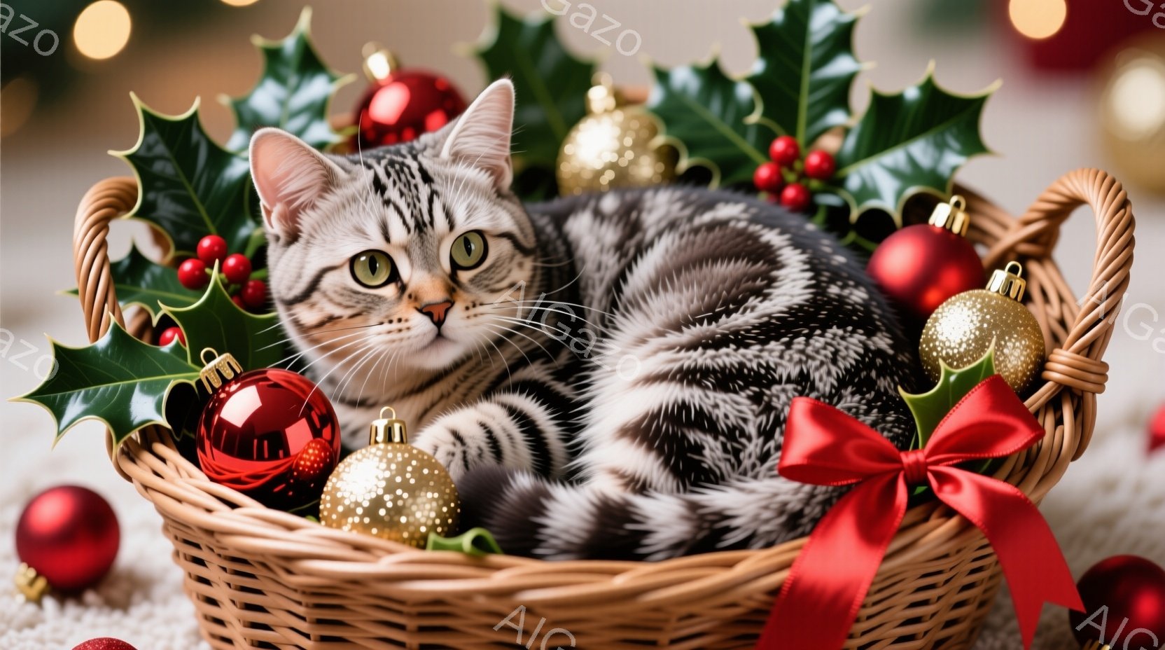 白と黒の縞模様の猫が、赤いリボンとホーリーの葉で飾られたバスケットの中に丸まって座っています。周囲には、赤と金のオーナメントが散りばめられており、背景にはぼやけた光が暖かさを添えています。全体として、 - AI生成フリー素材