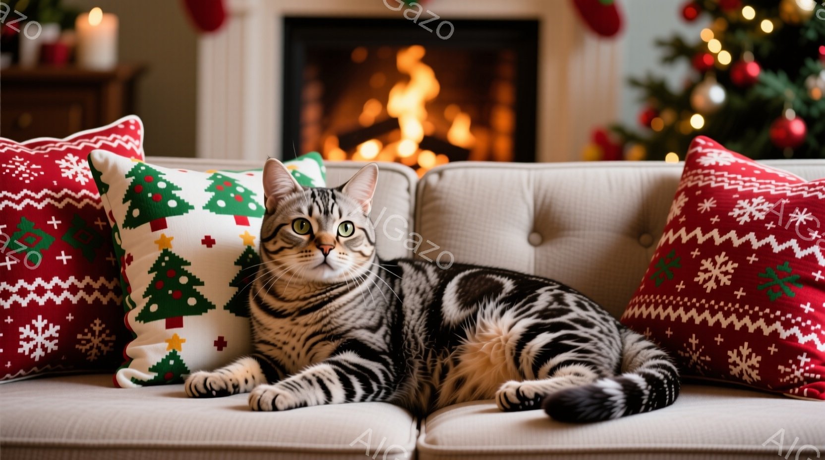 縞模様の猫が、クリスマスの柄のクッションに挟まれてソファに横たわっています。猫はリラックスした様子で、正面を見てカメラに視線を送っています。背景には暖炉があり、クリスマスツリーがぼんやりと見え、暖かく - AI生成フリー素材